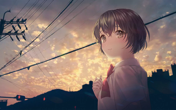 school uniform traffic light short hair cloud sky evening Anime Original Sky Anime HD Desktop Wallpaper | Background Image