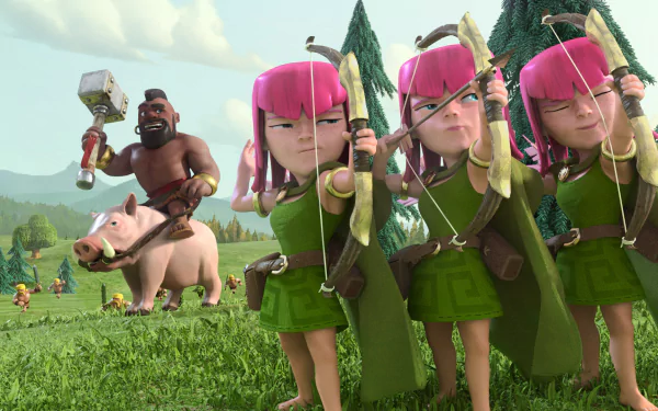 HD Clash of Clans desktop wallpaper featuring Archer characters and a Hog Rider on a battlefield.