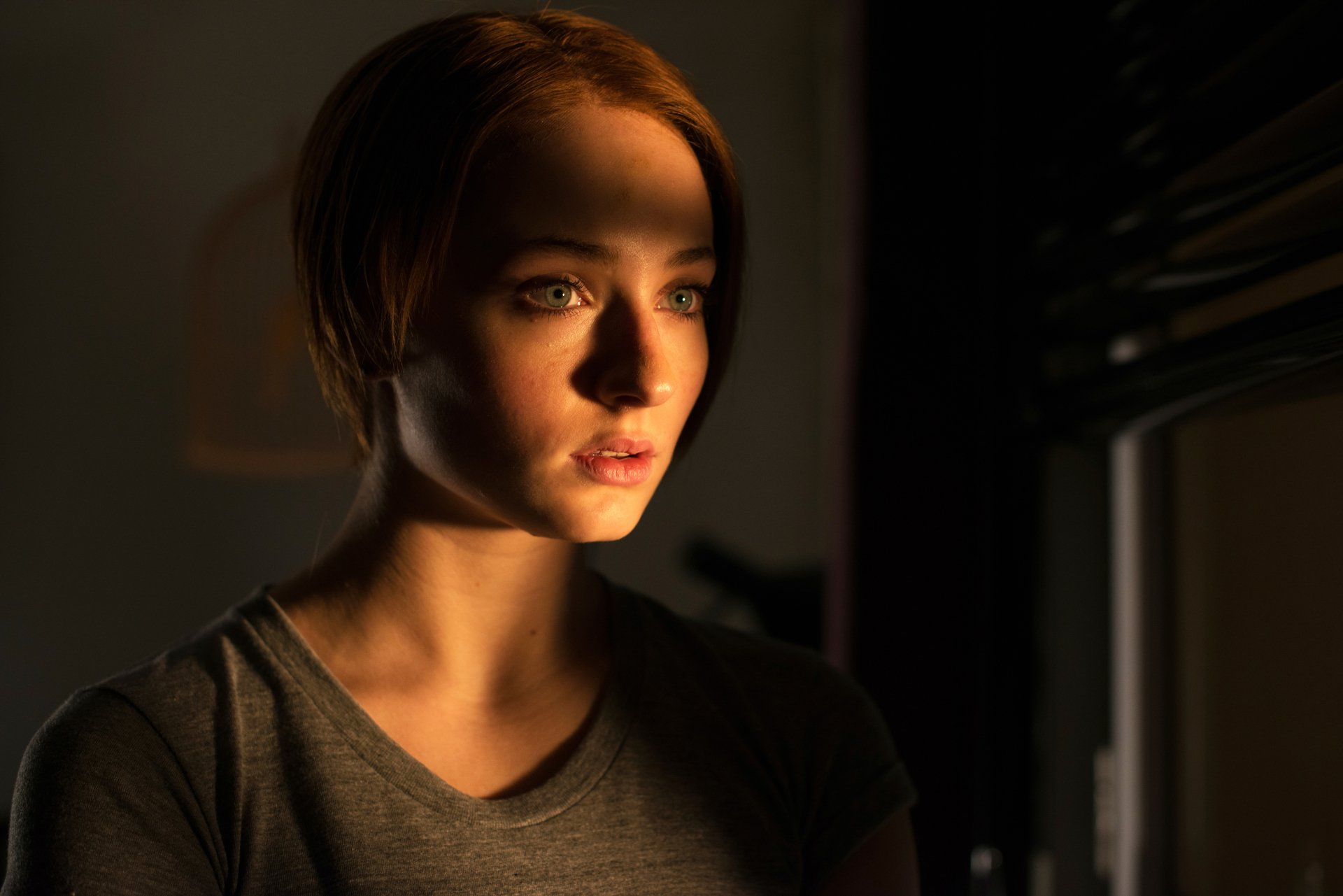 Close-up portrait of celebrity Sophie Turner illuminated by warm light, featured as a 4K Ultra HD PC desktop wallpaper and background.