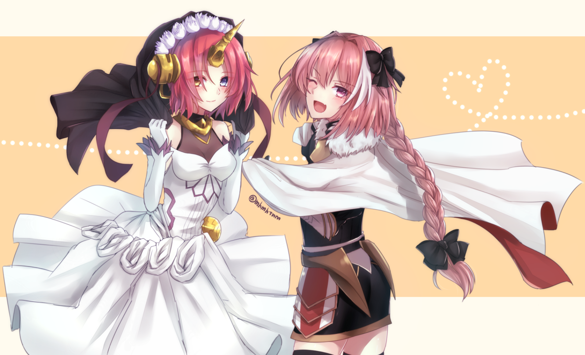 Anime HD PC desktop wallpaper of Rider of Black and Berserker of Black (Fate/Apocrypha): two pink-haired characters — one in a white dress, the other with a long braid — smiling on a pale backdrop.