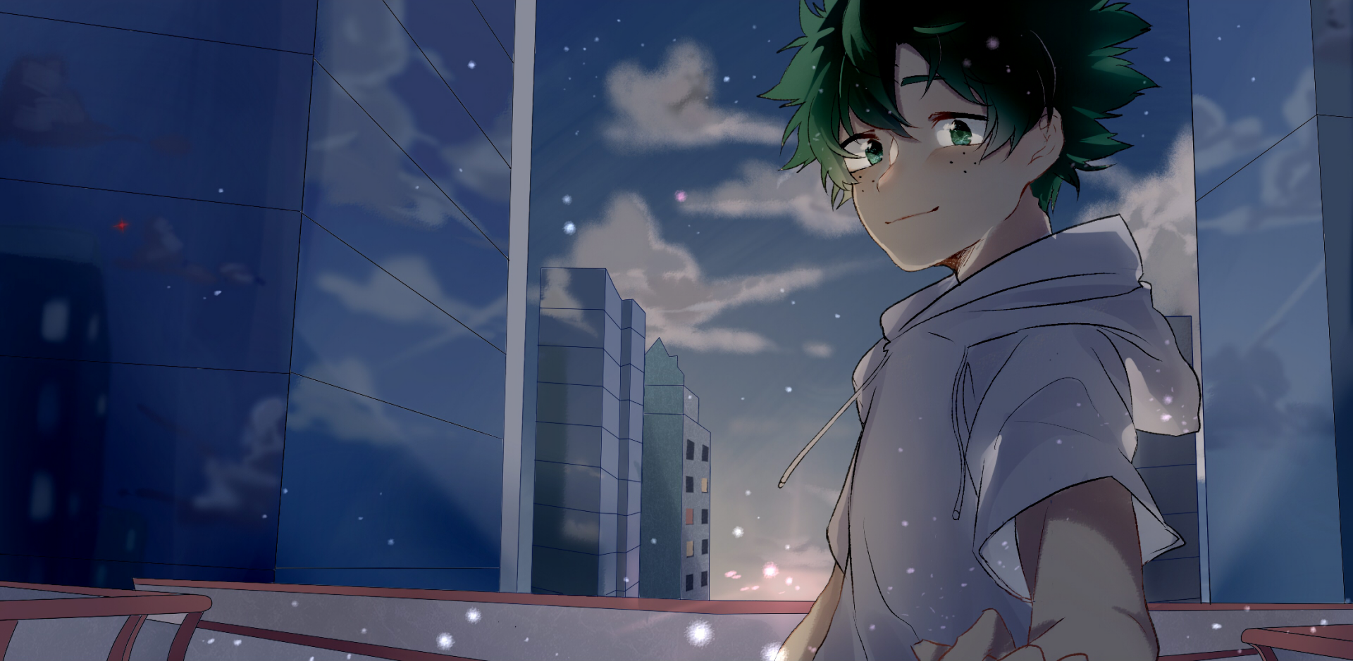 HD desktop wallpaper featuring Izuku Midoriya from the anime My Hero Academia, standing on a balcony with a cityscape and night sky in the background. He is smiling warmly and extending his hand.