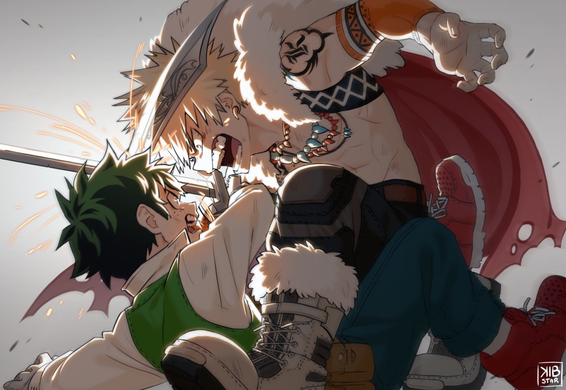 HD PC desktop wallpaper featuring Katsuki Bakugou and Izuku Midoriya from the anime My Hero Academia in an intense face-off scene.