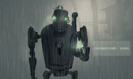 HD desktop wallpaper from the video game NieR: Automata featuring a robot with green glowing eyes and a glowing hand standing in the rain. Text on the right reads, CHILDREN'S CORES 30,000G.