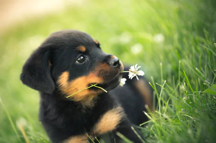 HD desktop wallpaper featuring an adorable Rottweiler puppy, sitting in the grass with a flower in its mouth.