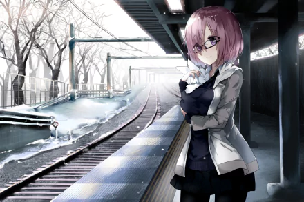 HD desktop wallpaper featuring Mashu Kyrielight from Fate/Grand Order standing by a snow-covered train platform, with bare trees in the background.