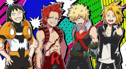 HD PC desktop wallpaper featuring Hanta Sero, Katsuki Bakugou, Eijiro Kirishima, and Denki Kaminari from the anime My Hero Academia.