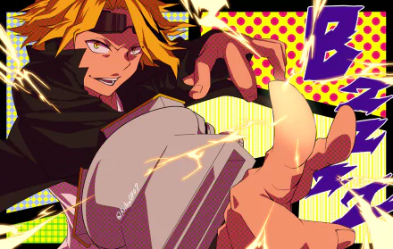 HD PC desktop wallpaper featuring Denki Kaminari from the anime My Hero Academia, depicted with dynamic electric effects and vibrant comic-style background elements.