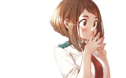 HD desktop wallpaper featuring Ochaco Uraraka from the anime My Hero Academia, showing her in a thoughtful pose with a white background.