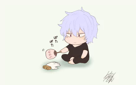 Chibi-style Tomura Shigaraki from My Hero Academia sitting on the floor, holding a pink creature, in a HD anime PC desktop wallpaper and background.