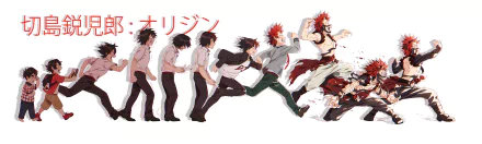 Eijiro Kirishima from My Hero Academia depicted in various stages of his life. This HD wallpaper shows his evolution from a student to a hero.