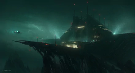 A sci-fi spaceship illuminated by lights hovers near a futuristic building amidst rain and lightning at night, creating a dramatic HD desktop wallpaper scene.