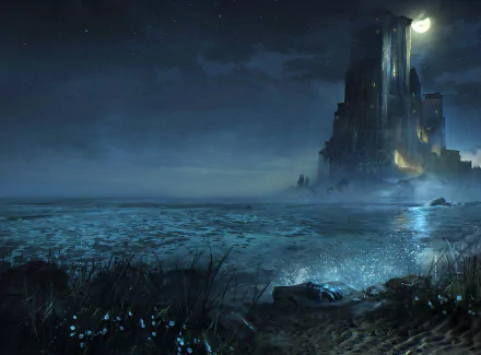 A misty nighttime fantasy scene featuring a glowing castle by a fog-covered lake under a moonlit sky, rendered in HD for a PC desktop wallpaper.