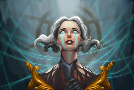HD League of Legends wallpaper featuring Camille with white hair, glowing tears, and dark lipstick against a mystical, glowing background.
