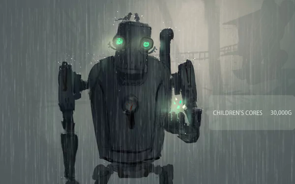 HD desktop wallpaper from the video game NieR: Automata featuring a robot with green glowing eyes and a glowing hand standing in the rain. Text on the right reads, CHILDREN'S CORES 30,000G.