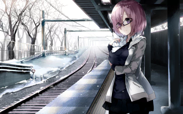 HD desktop wallpaper featuring Mashu Kyrielight from Fate/Grand Order standing by a snow-covered train platform, with bare trees in the background.