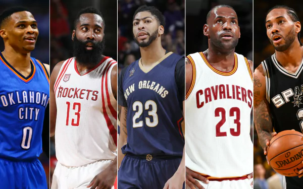 High-definition desktop wallpaper showcasing NBA stars in action, featuring players from Oklahoma City, Houston Rockets, New Orleans, Cleveland Cavaliers, and San Antonio Spurs.