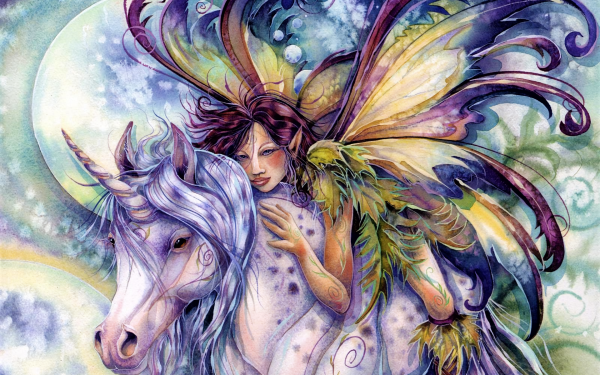 Fantasy Fairy Unicorn Colorful Wings Watercolor HD Wallpaper | Background Image