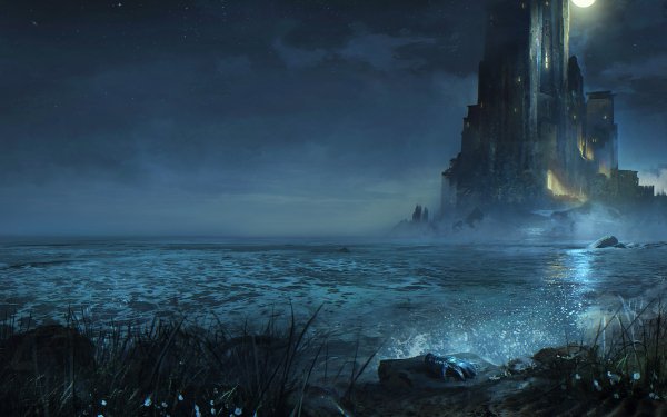Fantasy Castle Castles Night Moon Sky Fog Lake HD Wallpaper | Background Image