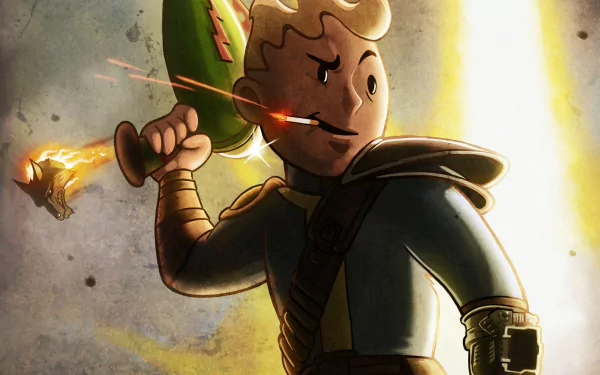 HD desktop wallpaper featuring Vault Boy from the video game Fallout, holding a green weapon with an explosion in the background.