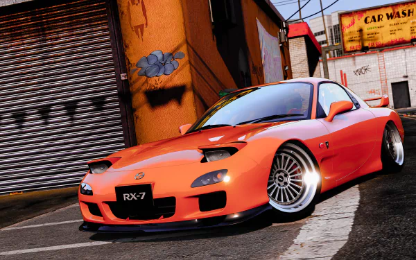 4K Ultra HD PC wallpaper: orange Mazda RX-7 from Grand Theft Auto V, detailed Mazda sports car parked by an urban garage — video game car background.