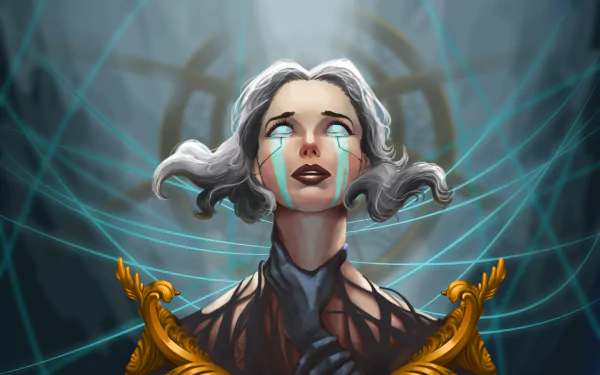 HD League of Legends wallpaper featuring Camille with white hair, glowing tears, and dark lipstick against a mystical, glowing background.