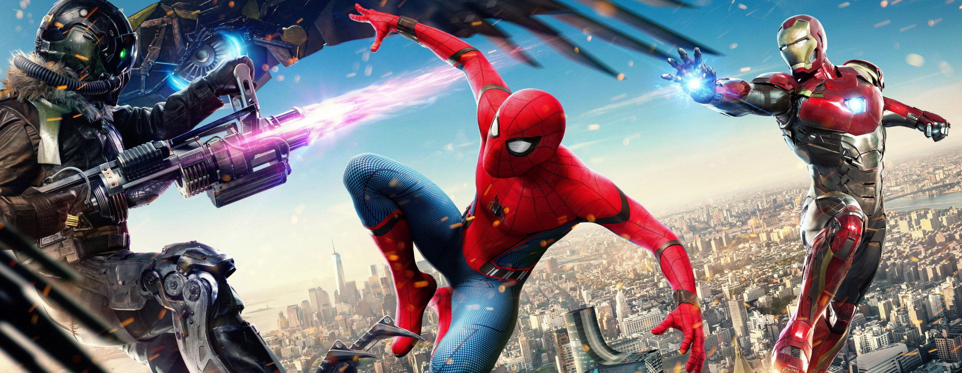 HD desktop wallpaper featuring Spider-Man swinging between buildings while fighting Vulture and assisted by Iron Man in a dynamic scene from the movie Spider-Man: Homecoming.