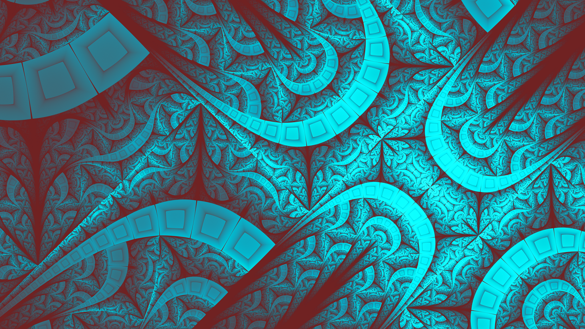 A high-definition desktop wallpaper featuring a psychedelic, trippy pattern in vibrant cyan and turquoise hues, displaying intricate abstract fractal designs.
