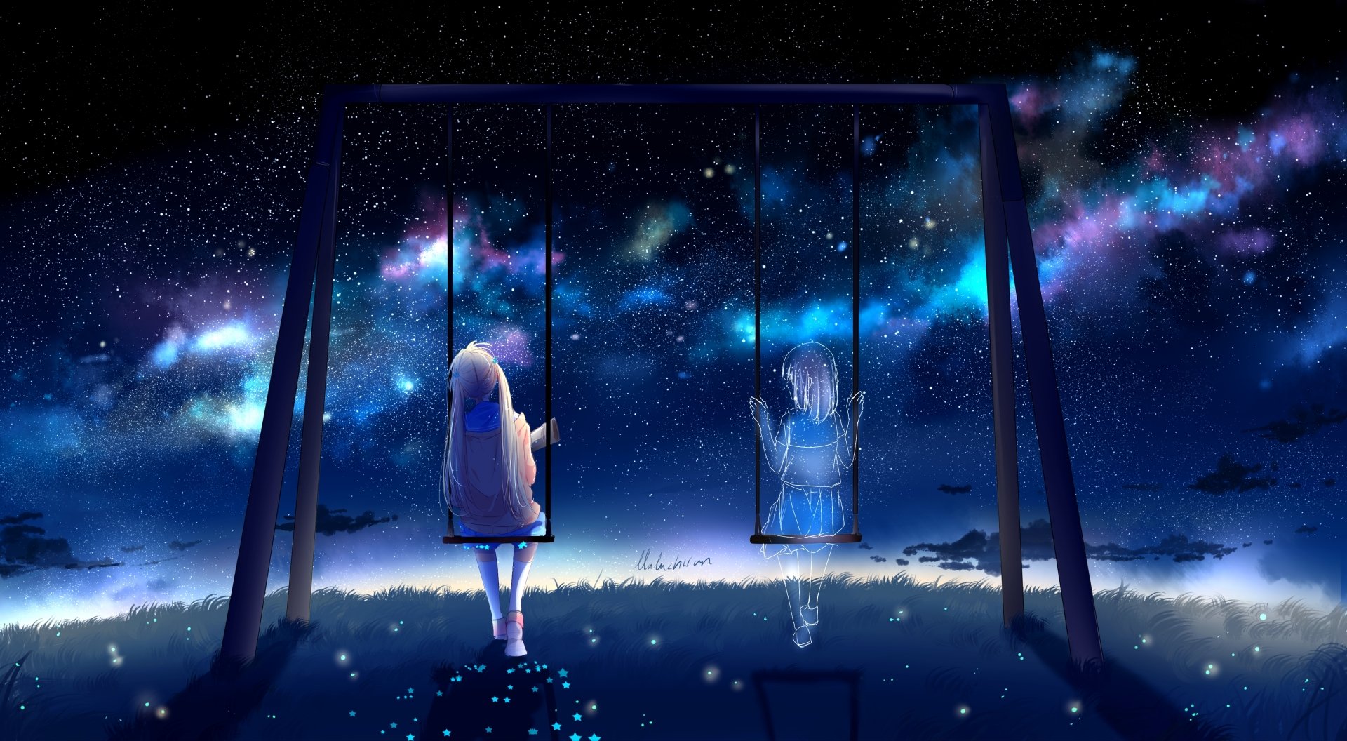 Anime HD wallpaper showcasing two figures on swings under a starry night sky. The scene is serene, with vibrant celestial colors adding depth and a sense of wonder.