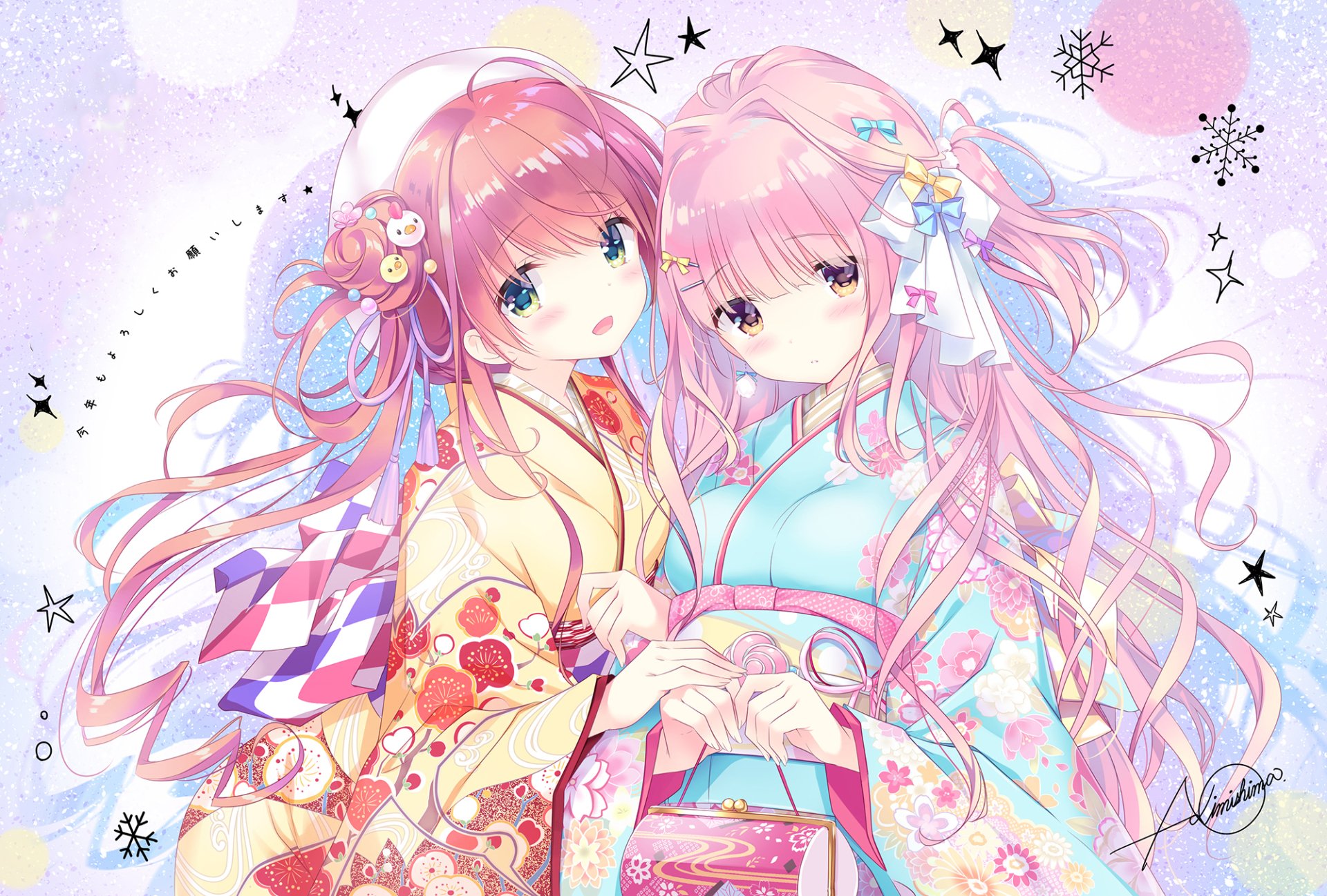 Anime original HD PC desktop wallpaper/background: two pastel-haired girls in ornate kimonos holding hands, ribbons, floral patterns and star sparkles in soft pink and blue.