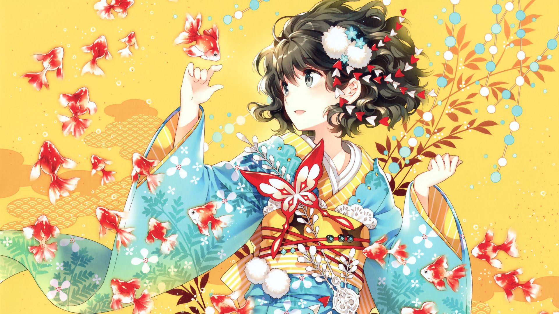 An anime girl with short black hair wearing a blue kimono adorned with flowers is surrounded by red and white fish against a vibrant yellow background. The image is an HD desktop wallpaper.