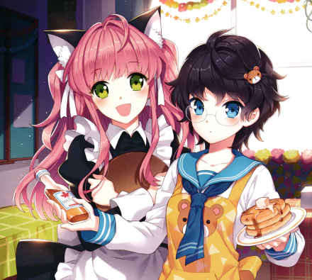 syrup maid apron green eyes pancake smile pink hair blue eyes blush black hair short hair cat girl Anime Original HD Desktop Wallpaper | Background Image