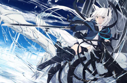 HD desktop wallpaper featuring an original anime character with white hair wielding a sword surrounded by dynamic, flowing ribbons against a blue sky background.