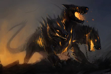 A dark fantasy HD desktop wallpaper featuring Cerberus, a fierce three-headed creature, with glowing eyes and embers, exuding a menacing aura.