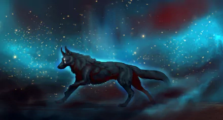 A majestic fantasy wolf with glowing red eyes strides through a mystical, star-filled night landscape, captured in HD for a striking PC desktop wallpaper.