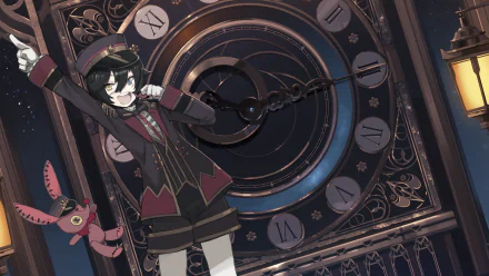 HD PC wallpaper of Mika Kagehira (Ensemble Stars! video game) with heterochromia, striking mismatched eyes and a playful pose against an ornate clockwork backdrop.