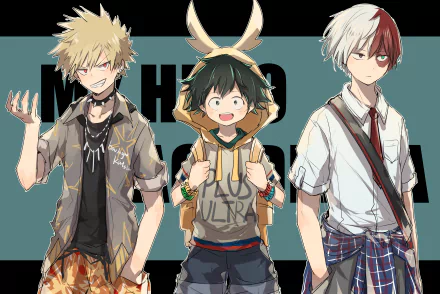 HD desktop wallpaper featuring characters Katsuki Bakugou, Izuku Midoriya, and Denki Kaminari from the anime My Hero Academia in casual attire with the show’s title in the background.