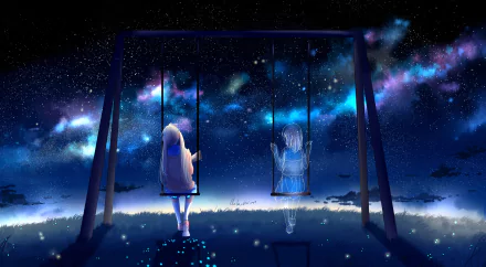 Anime HD wallpaper showcasing two figures on swings under a starry night sky. The scene is serene, with vibrant celestial colors adding depth and a sense of wonder.