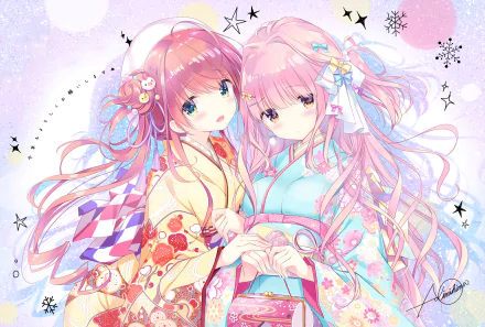 Anime original HD PC desktop wallpaper/background: two pastel-haired girls in ornate kimonos holding hands, ribbons, floral patterns and star sparkles in soft pink and blue.