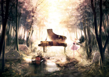 HD anime forest wallpaper featuring a girl in a dress playing a grand piano surrounded by tall trees and soft sunlight filtering through the woods.