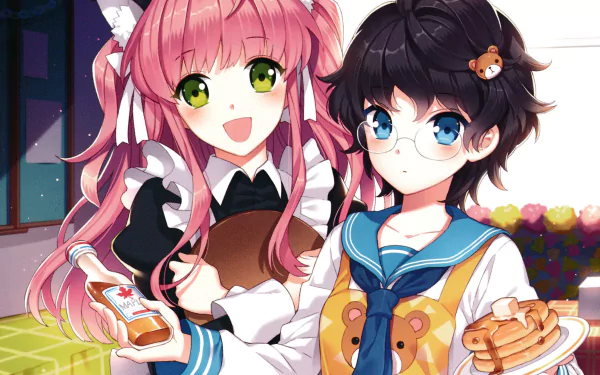 syrup maid apron green eyes pancake smile pink hair blue eyes blush black hair short hair cat girl Anime Original HD Desktop Wallpaper | Background Image