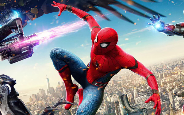 HD desktop wallpaper featuring Spider-Man swinging between buildings while fighting Vulture and assisted by Iron Man in a dynamic scene from the movie Spider-Man: Homecoming.