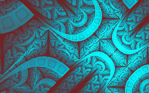 A high-definition desktop wallpaper featuring a psychedelic, trippy pattern in vibrant cyan and turquoise hues, displaying intricate abstract fractal designs.
