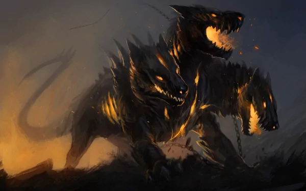 A dark fantasy HD desktop wallpaper featuring Cerberus, a fierce three-headed creature, with glowing eyes and embers, exuding a menacing aura.