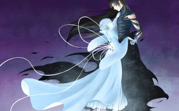 HD anime wallpaper featuring Rukia Kuchiki and Ichigo Kurosaki from Bleach performing a graceful Bankai dance against a dark, moody background.