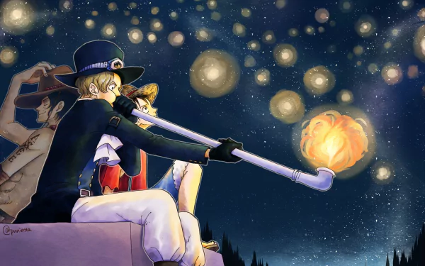 Anime wallpaper featuring Monkey D. Luffy, Sabo, and Portgas D. Ace from One Piece under a starry night sky with glowing orbs.