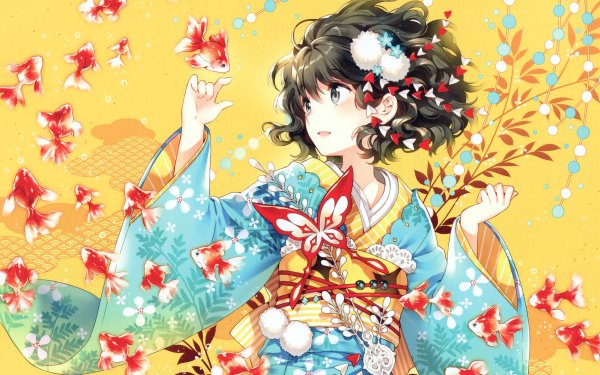 Anime Girl Flower Kimono Fish Black Hair Short Hair HD Wallpaper | Background Image