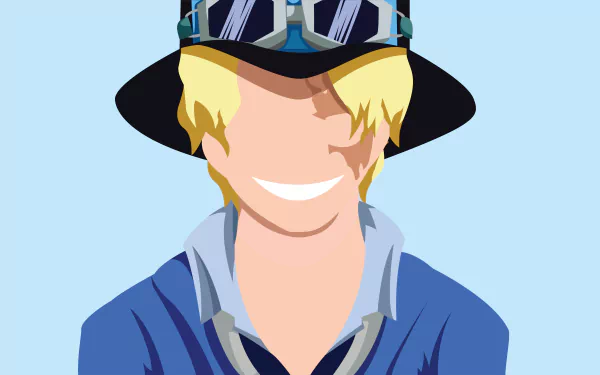 Digital 8K Ultra HD anime-style wallpaper of Sabo from One Piece, featuring his signature hat and goggles against a light blue background.