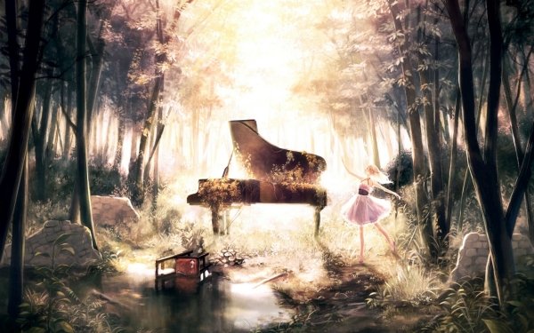 Anime Original Dress Forest Piano Tree HD Wallpaper | Background Image