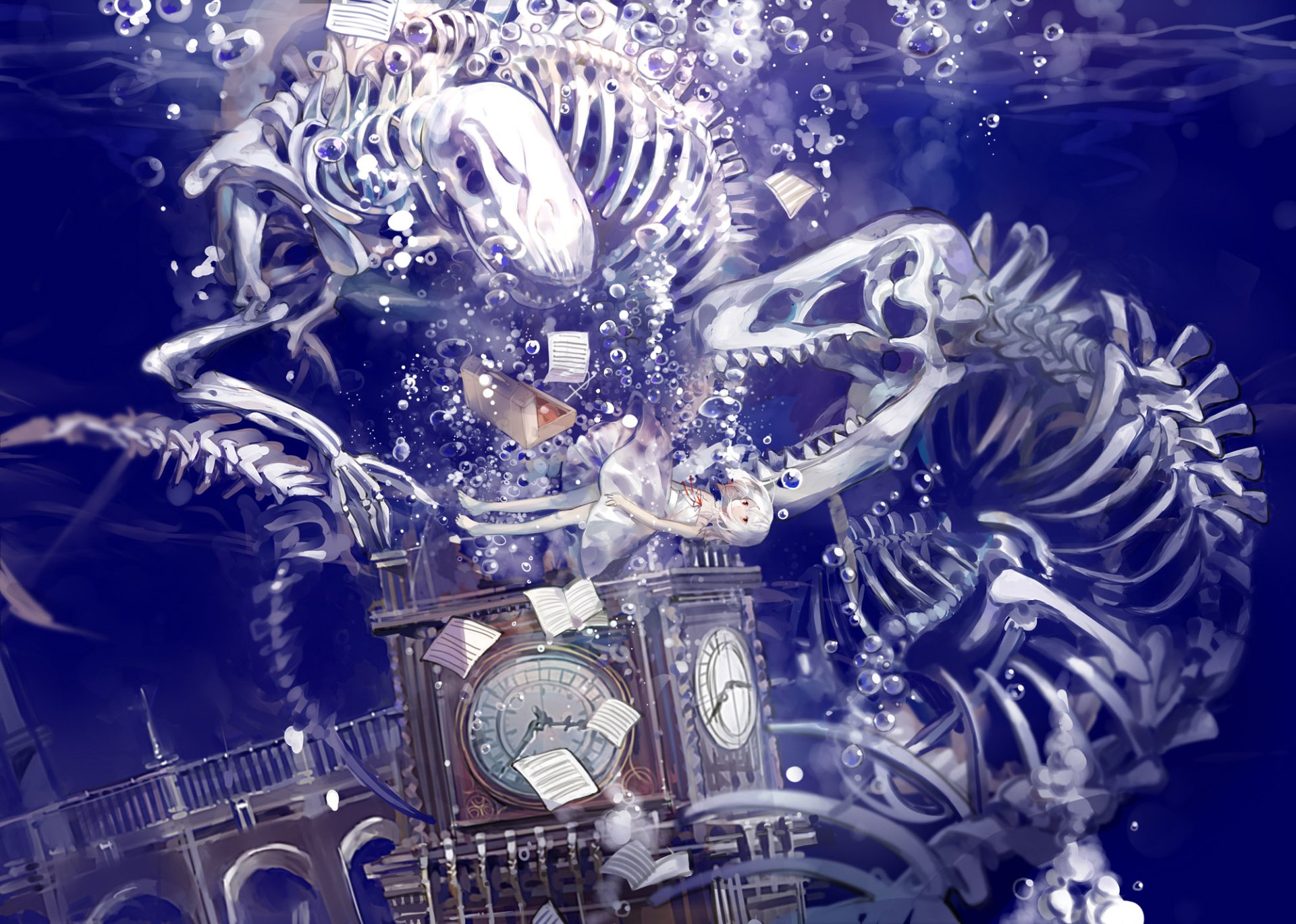 Anime original HD PC desktop wallpaper: deep blue underwater scene with swirling skeletal beasts and bubbles around a submerged clock tower, scattered bones.