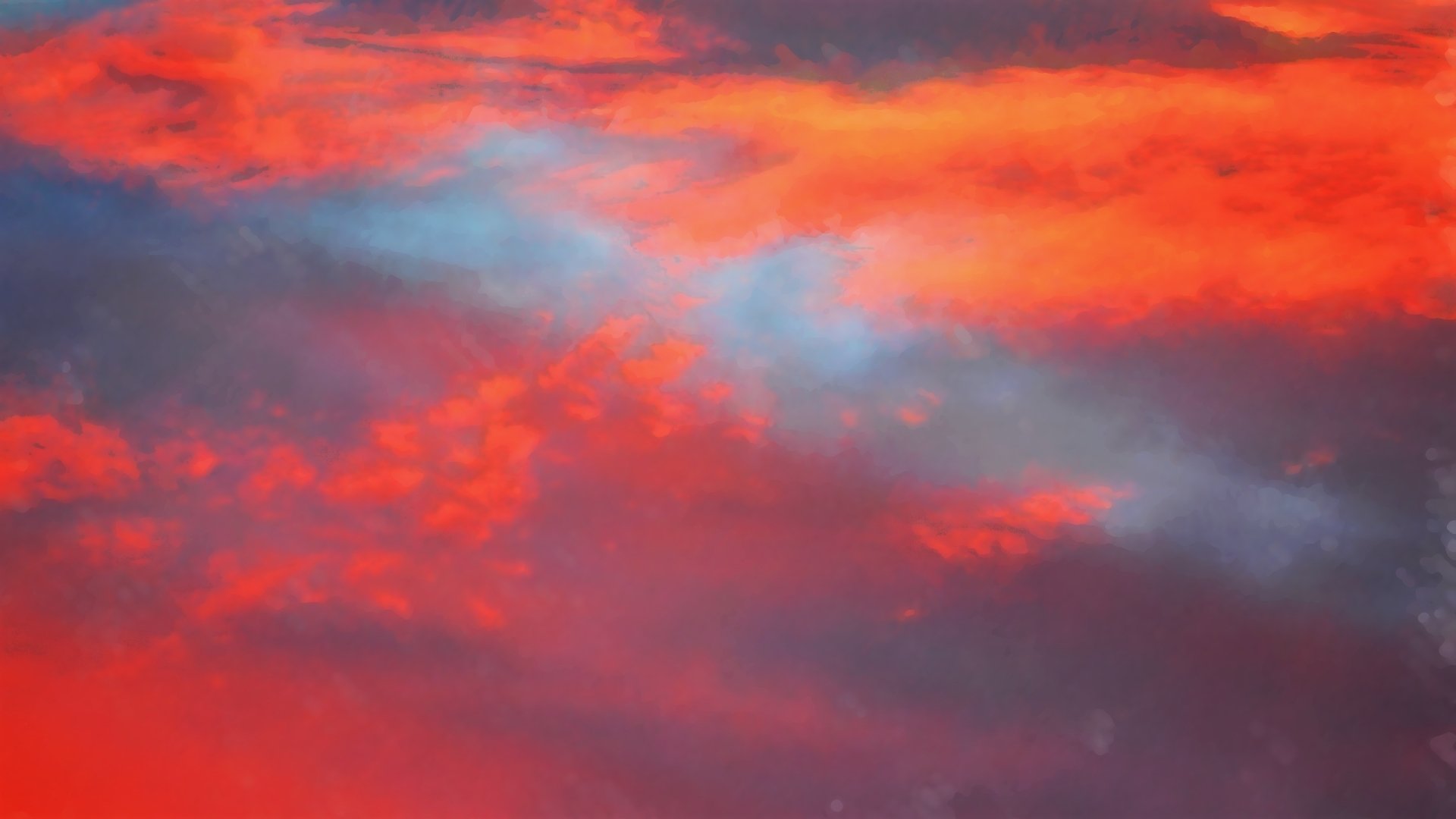 Vibrant watercolor-style HD desktop wallpaper showcasing a dramatic sunset sky filled with fiery orange and soft blue clouds.